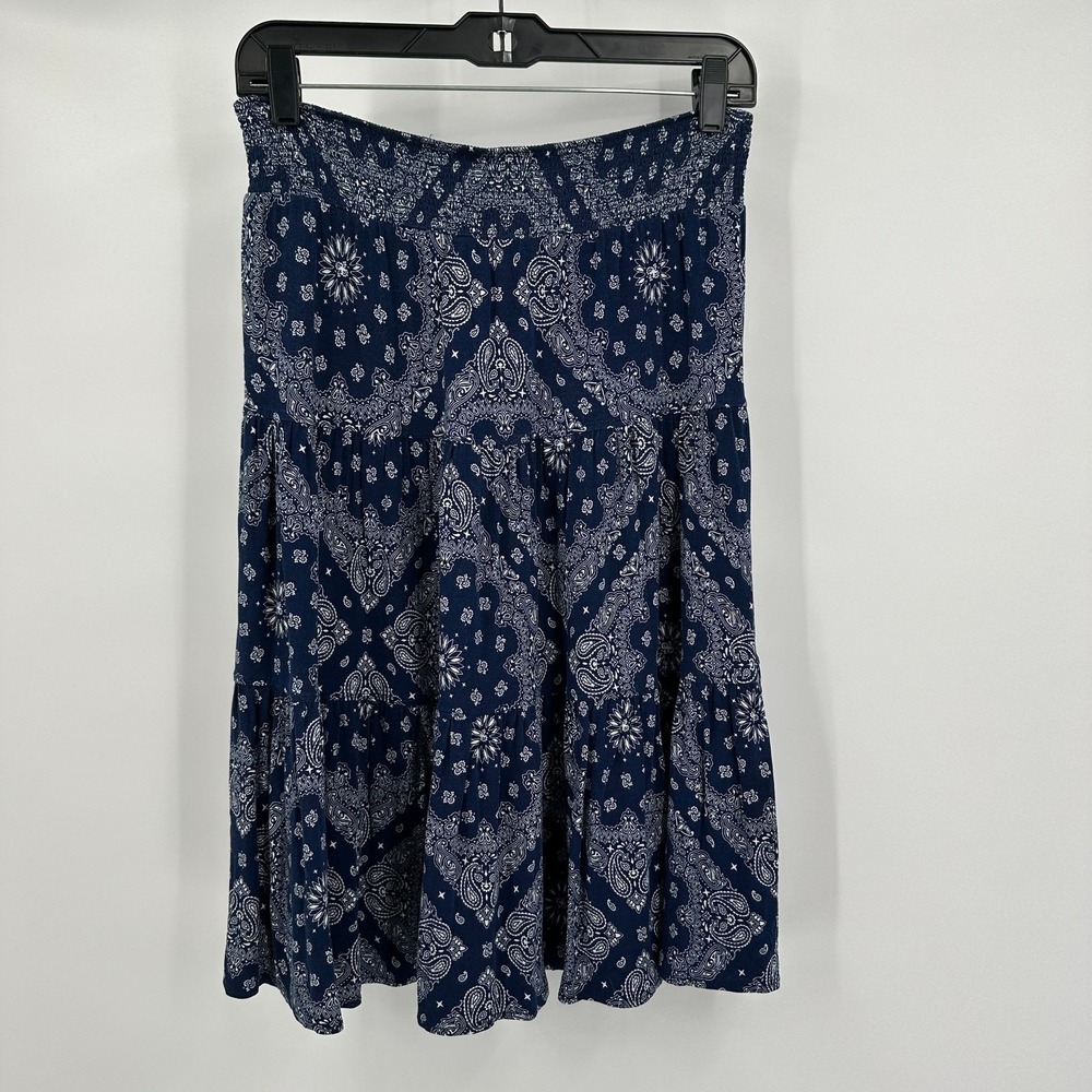 Womens Blue Bandana Paisley‎ Tiered Smocked Midi Skirt Size M Western Boho Folk